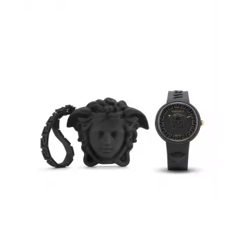 Versace V-Motif moteriškas šveicariškas kvarcinis laikrodis VE6G00223 39mm juodas ciferblatas, odinis dirželis