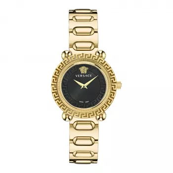 VERSACE V-Motif Moteriškas Šveicariškas Kvarcinis Laikrodis VE6I00523 35mm Juodas Ciferblatas Juoda Oda