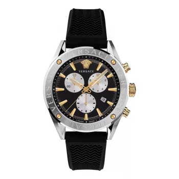 VERSACE V-Race vyriškas šveicariškas kvarcinis chronografas VEHB00119 – 44 mm, juodas ciferblatas, sidabrinis nerūdijančio plieno dirželis