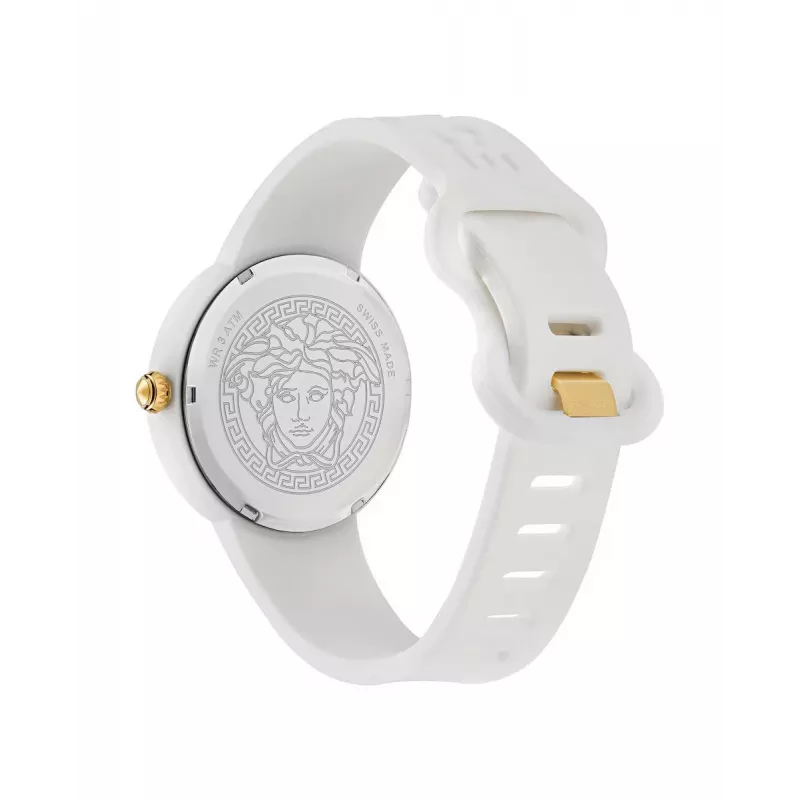 Versace moteriškas VE6G00123 šveicariškas kvarcinis 39 mm nerūdijančio plieno laikrodis su juodu odiniu dirželiu ir sidabriniu ciferblatu