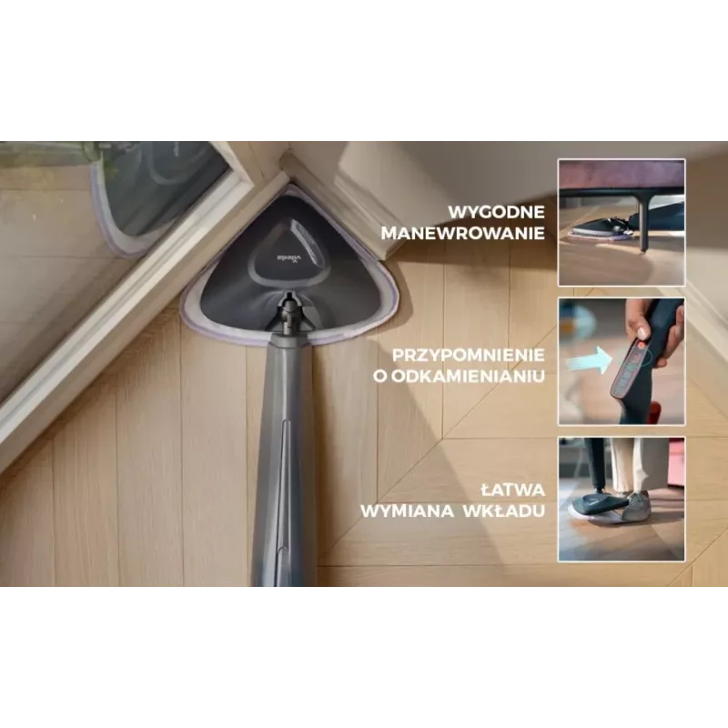 Vileda Steam Plus Pro garų šluota - 1550W, 400ml talpa, 2 mikropluošto pagalvėlės, kilimų priedas