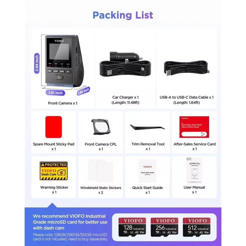 VIOFO A119M Pro 2K QHD Vaizdo Registratorius su Sony STARVIS 2 IMX675, Įmontuotu GPS ir Wi-Fi, Super Kondensatoriumi, 140° Matymo Kampu, 1,5 colio Ekranu
