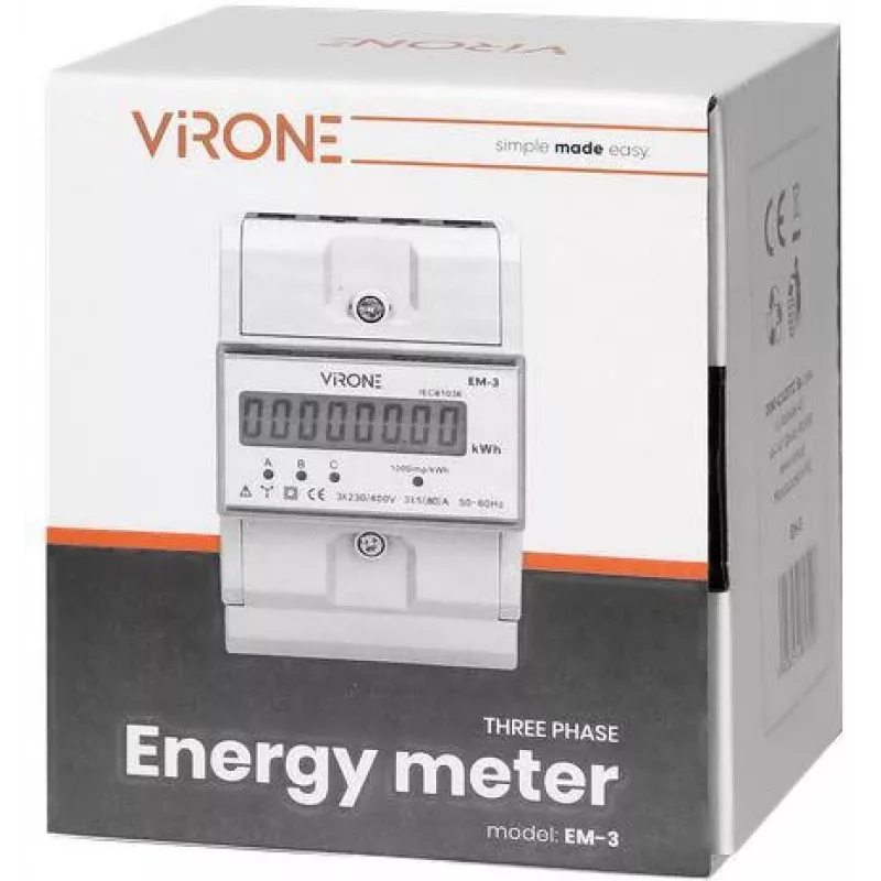 Virone EM-3 3 fazių elektros skaitiklis, 80A, 3 moduliai, DIN bėgelis TH-35mm