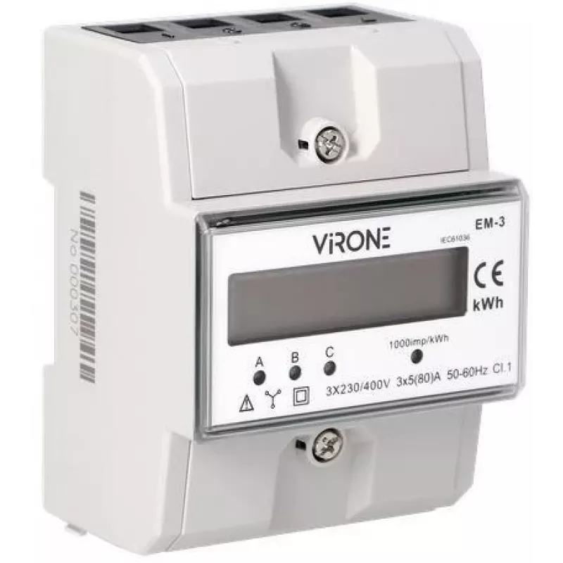 Virone EM-3 3 fazių elektros skaitiklis, 80A, 3 moduliai, DIN bėgelis TH-35mm