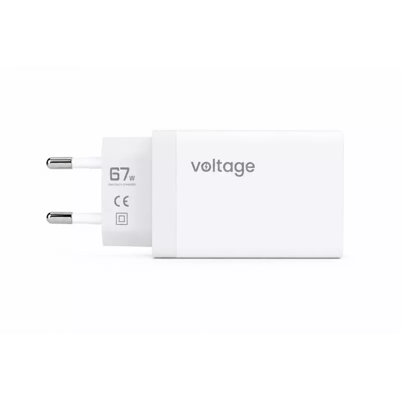 Voltage GaN 67W sieninis įkroviklis, 2x USB-C ir 1x USB-A, PD 3.0, QC 3.0, PPS, EU kištukas, baltas