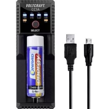 VOLTCRAFT CC1A universalus apvaliųjų baterijų įkroviklis NiMH, Li-Ion, LiFePO4, NiCd - 1 lizdas, maitinamas USB, palaiko AA, AAA, C, 10440, 14500, 16340