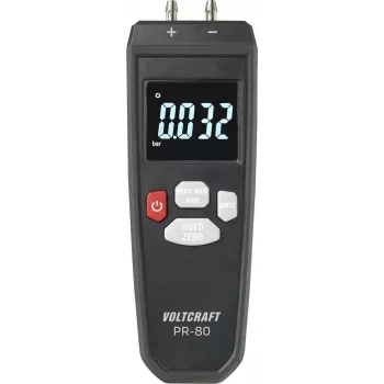 VOLTCRAFT PR-80 diferencinio slėgio matuoklis ±0,137 bar, 11 vienetų, apšviestas LCD, duomenų fiksavimas, Min/Max/Avg, orui ir neardosioms dujoms VC-13101370