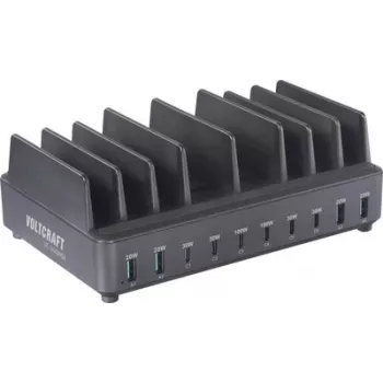 Voltcraft UC-240W01 240W 10 prievadų USB įkrovimo stotis su 6x USB-C PD ir 4x USB-A QC, juoda