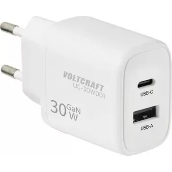 VOLTCRAFT UC-30W001 GaN USB sieninis įkroviklis 30W, 1x USB-C PD 3.0 + 1x USB-A Quick Charge, baltas VC-17942310