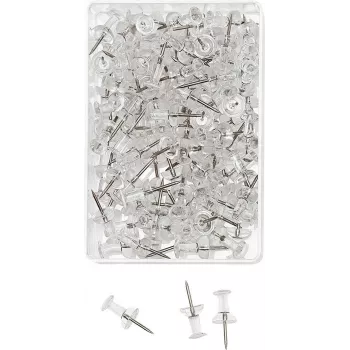 WEDO smeigtukai su adatėlėmis, permatomi, 100 vienetų, 12 mm adatėlės ilgis, 10 mm galvutės skersmuo, permatomoje plastikinėje dėžutėje (54 249)