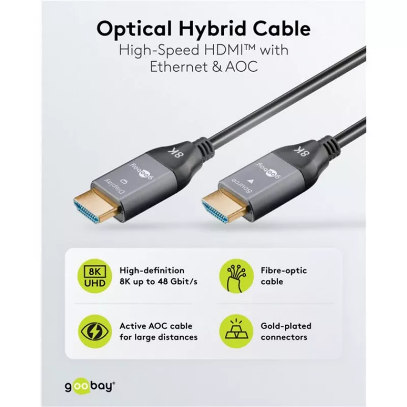 WENTRONIC Goobay 76276 aktyvus optinis HDMI kabelis AOC 8K - 10 m, HDMI 2.1, 48 Gbps, 8K@60Hz, 4K@120Hz, Dynamic HDR, eARC, VRR, ALLM, HDCP 2.3, juodas