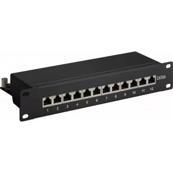 Wentronic Goobay 93796 Cat6a ekranuotas 12 prievadų patch panelis, 1U 19 colių stelažui, juodas