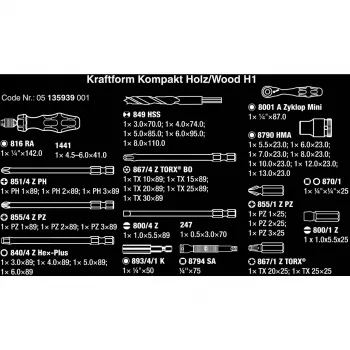 Wera Kraftform Kompakt H 1 Woodcraft atsuktuvų rankena su 12 antgalių – Hex, Phillips, Pozidriv, Torx