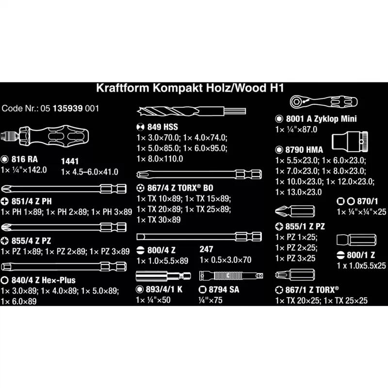 Wera Kraftform Kompakt H 1 Woodcraft atsuktuvų rankena su 12 antgalių – Hex, Phillips, Pozidriv, Torx