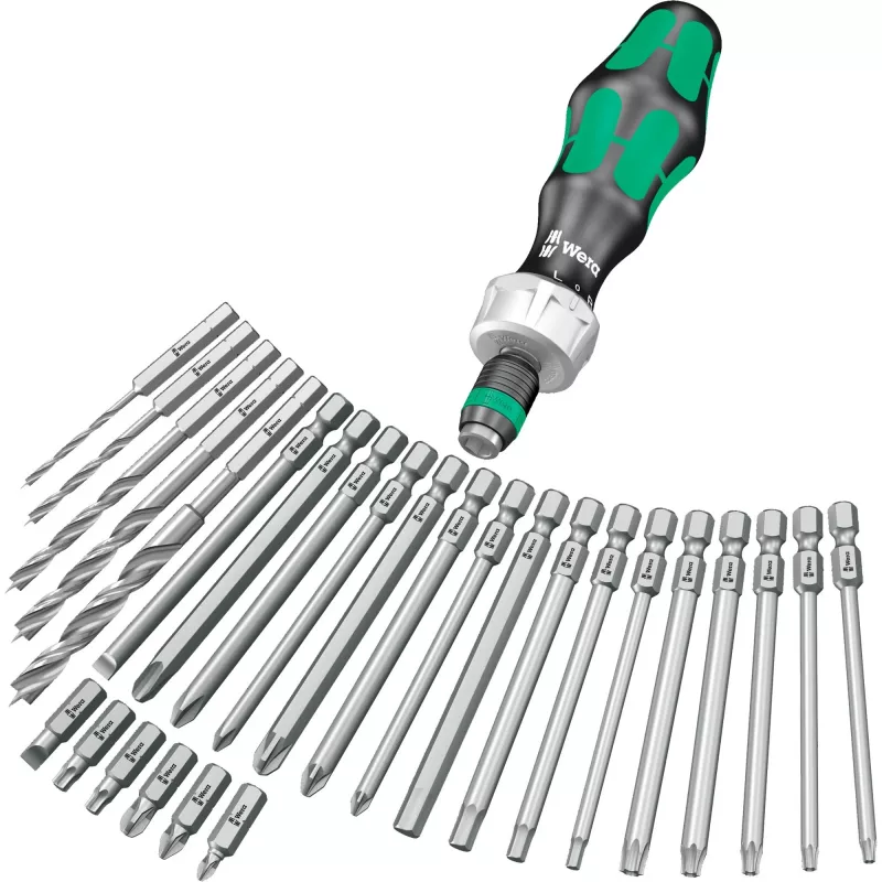 Wera Kraftform Kompakt H 1 Woodcraft atsuktuvų rankena su 12 antgalių – Hex, Phillips, Pozidriv, Torx