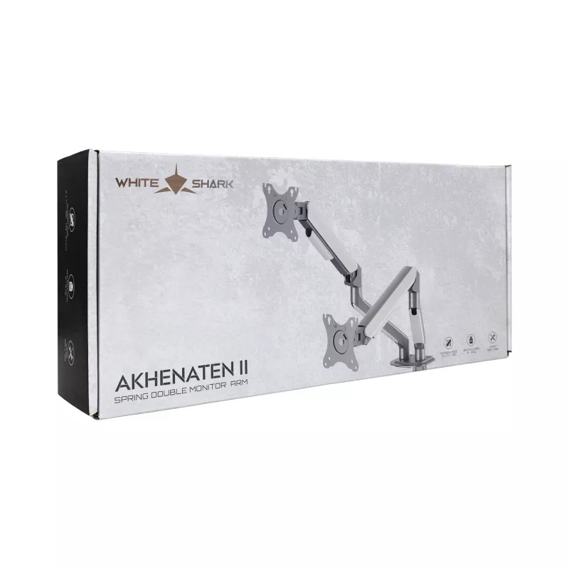 White Shark AKHENATEN-II GMS-3212 Dviejų monitorių laikiklis – dujinis spyruoklinis mechanizmas, tvirtinimas prie stalo (spaustuvas / per angą), 17–32 colių, 9 kg vienai rankai, juodos spalvos