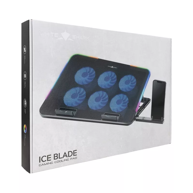 White Shark ICE BLADE GCP-96 aušinimo padėklas nešiojamam kompiuteriui, dvigubas ventiliatorius, mėlynas LED, iki 17 colių, 5 padėtys