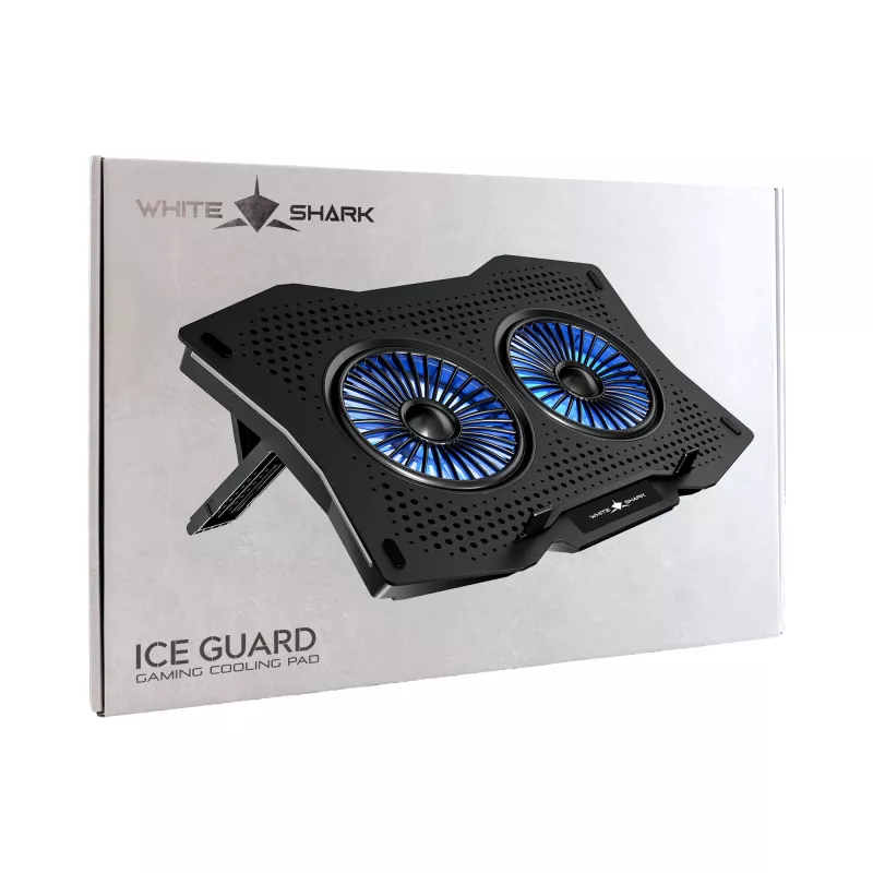 White Shark ICE GUARD GCP-4 aušinimo padėklas su dviem 125 mm mėlynos šviesos LED ventiliatoriais, 5 aukščio padėtimis, iki 17.3 colio