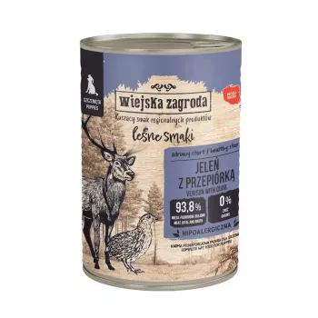 WIEJSKA ZAGRODA Forest Flavors Šuniukų ėdalas su elniena ir putpelėmis 400g