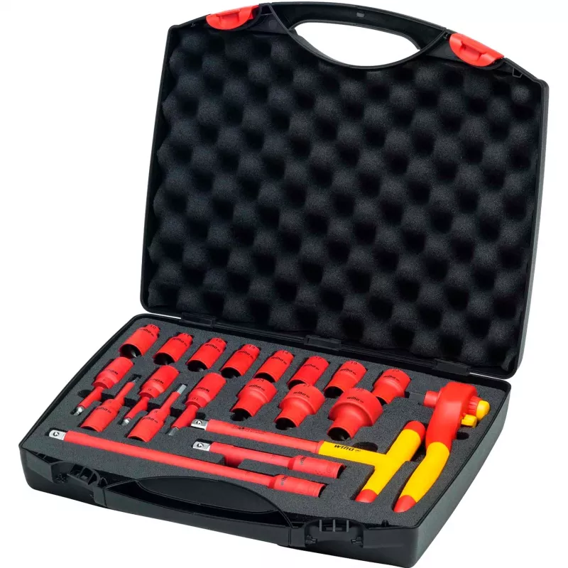 Wiha 43024 izoliuotas reketo ir galvučių rinkinys, 1/2 colio, 21 dalių, VDE sertifikuotas, raudonas/geltonas