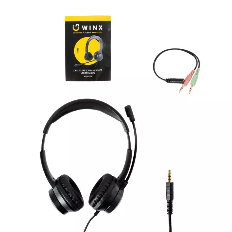 WINX CALL Clear 3,5 mm laidinės ausinės su triukšmą slopinančiu mikrofonu, garsumo reguliavimu ir odinėmis pagalvėlėmis - juodos
