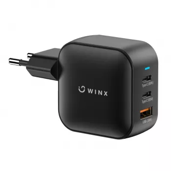 WINX POWER Max 65W GaN sieninis įkroviklis - 2x USB-C PD, 1x USB-A QC, juodas