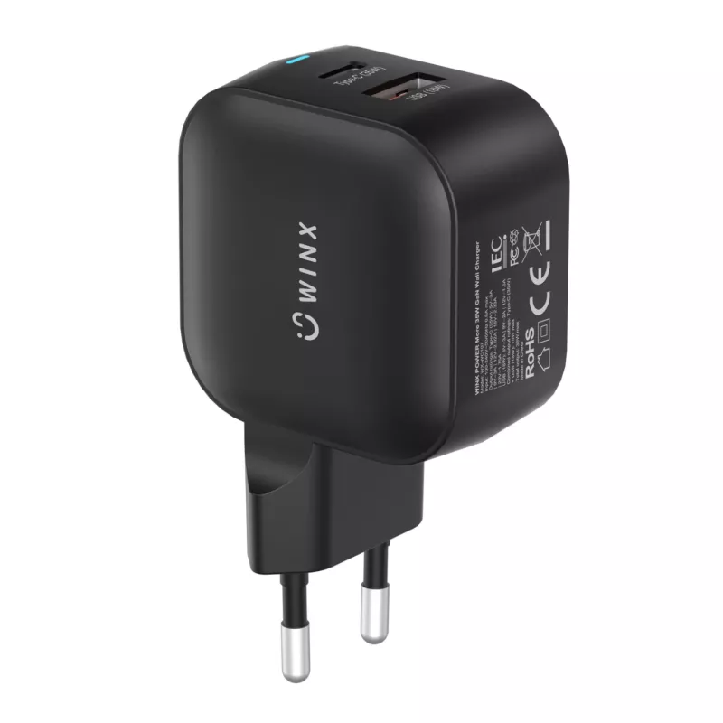 WINX POWER More 35W GaN sieninis įkroviklis - dvigubas USB-C ir USB-A, PD 3.0 PPS, baltas