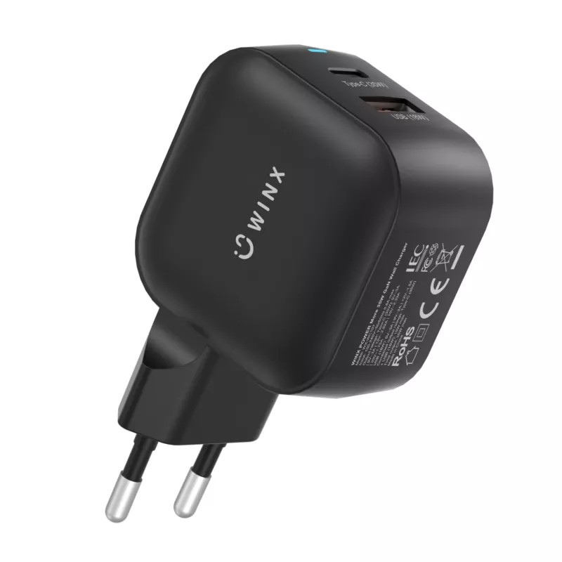 WINX POWER More 35W GaN sieninis įkroviklis - dvigubas USB-C ir USB-A, PD 3.0 PPS, baltas