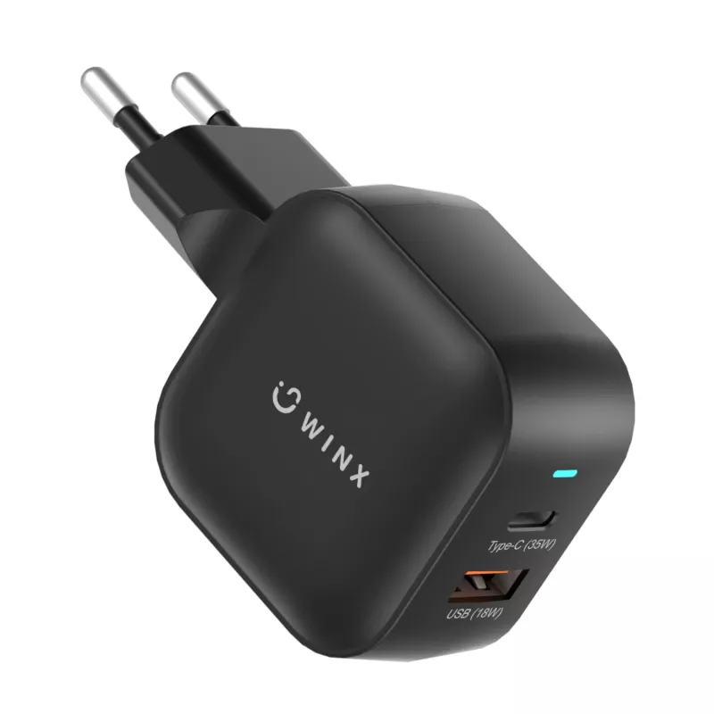 WINX POWER More 35W GaN sieninis įkroviklis - dvigubas USB-C ir USB-A, PD 3.0 PPS, baltas