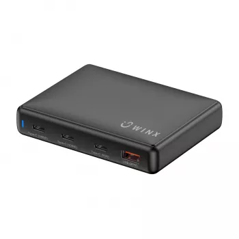 WINX POWER Ultra 140W GaN stalinis įkroviklis - 2x USB-C PD 100W + USB-A QC 22.5W, juodos spalvos