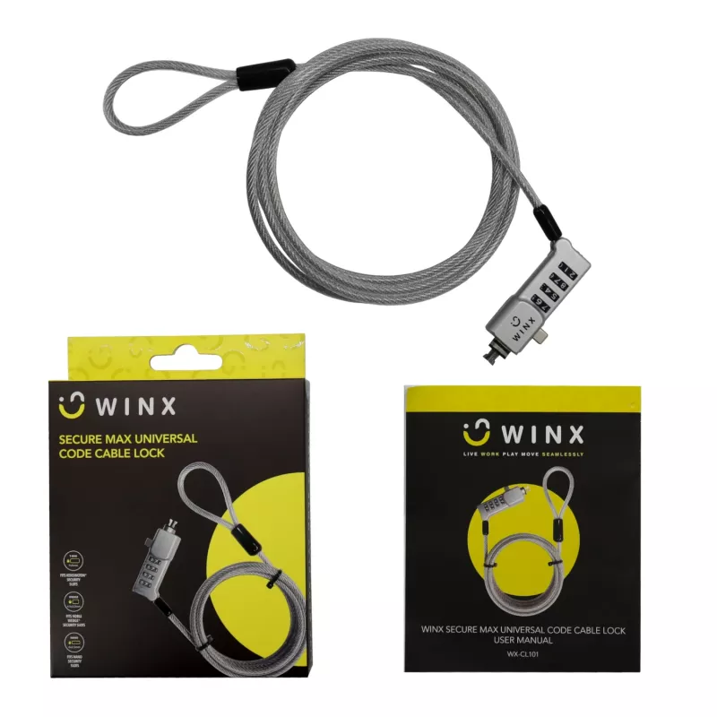WINX Secure Max Universal Code Cable Lock - 4 skaitmenų perstatomas kodas, pintas plienas, 1,8 m, juoda/sidabrinė