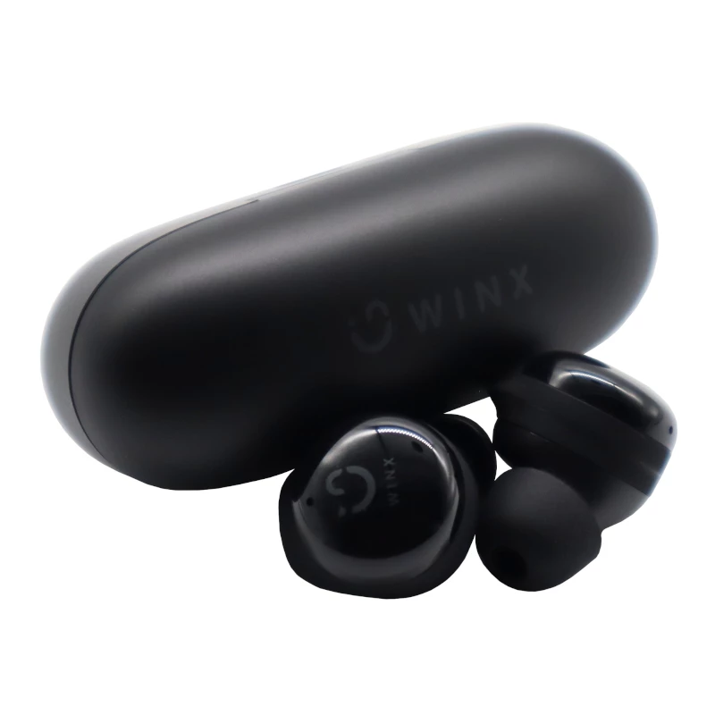 WINX VIBE Active 2 TWS ausinės – belaidės Bluetooth 5.3 ausinės su įkrovimo dėklu, IPX4 atsparumu vandeniui, ENC mikrofonu, jutikliniais valdikliais, žemos delsos žaidimų režimu, 24 val. viso veikimo laiko, juodos