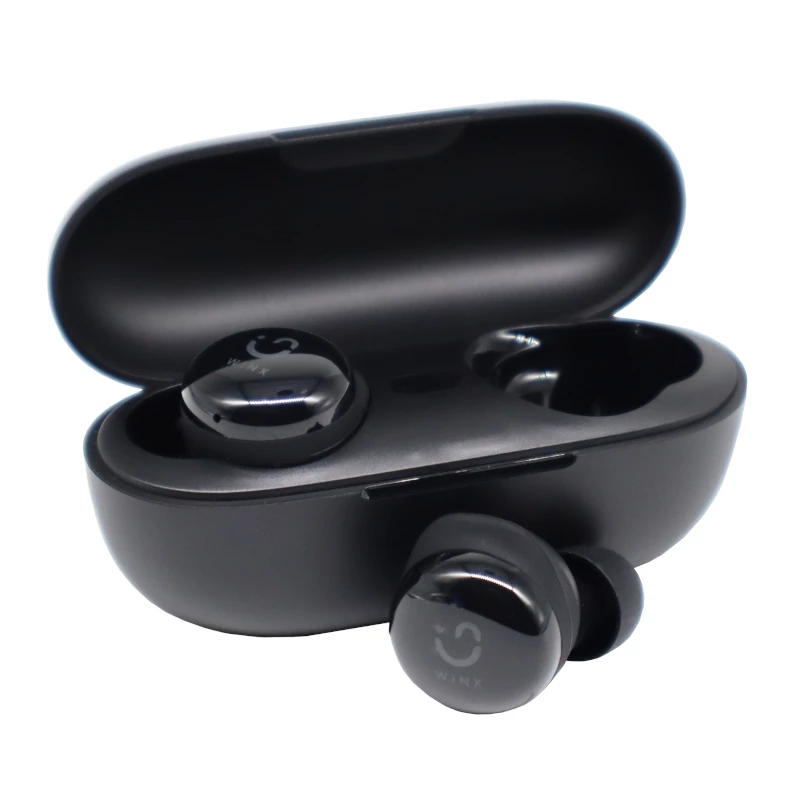 WINX VIBE Active 2 TWS ausinės – belaidės Bluetooth 5.3 ausinės su įkrovimo dėklu, IPX4 atsparumu vandeniui, ENC mikrofonu, jutikliniais valdikliais, žemos delsos žaidimų režimu, 24 val. viso veikimo laiko, juodos