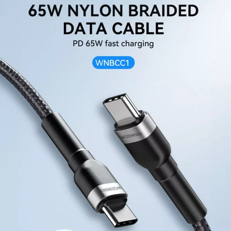 Wozinsky 1 m USB-C į USB-C laidas 60W PD greitasis įkrovimas ir duomenų sinchronizavimas juodas