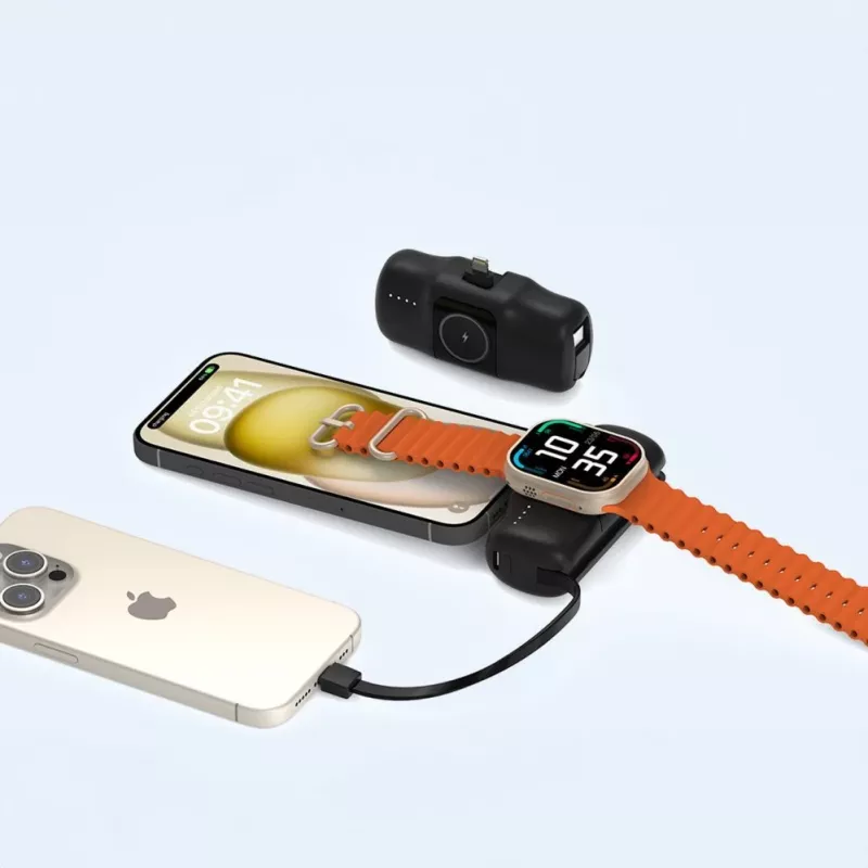 Wozinsky WF16-YLS Mini Power Bank 5000mAh 15W su integruotu USB-C laidu ir Apple Watch įkrovikliu - Juoda