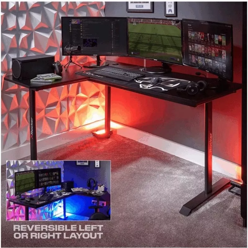 X Rocker 2022068 L formos kampinis žaidimų stalas su RGB LED apšvietimu, anglies pluošto efektu, juodas