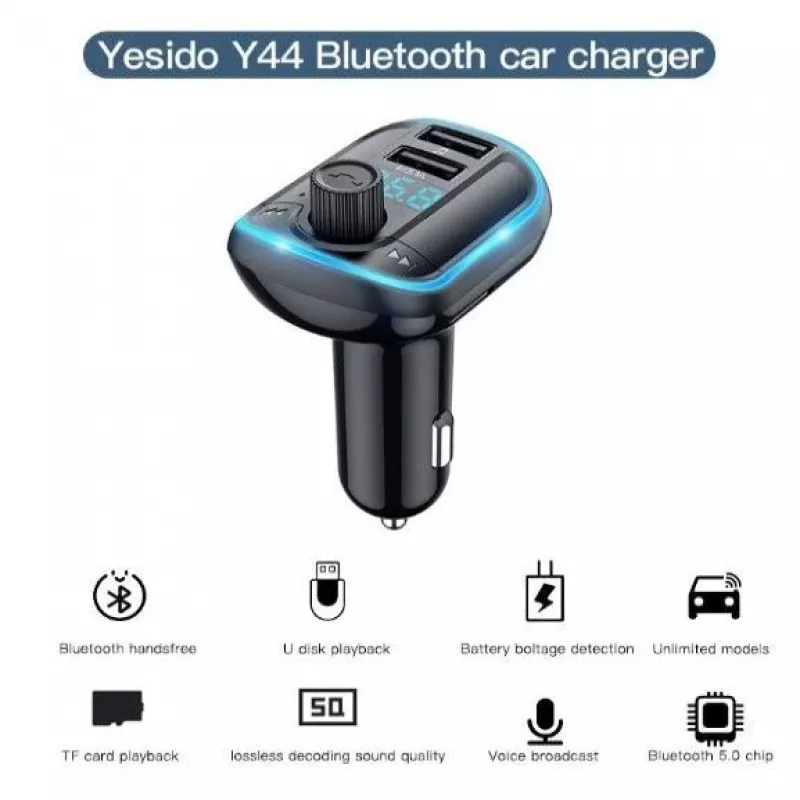 YESIDO Y44 MP3 grotuvas Bluetooth automobilinis įkroviklis su QC3.0, LED ekranu, laisvų rankų režimu, juodas