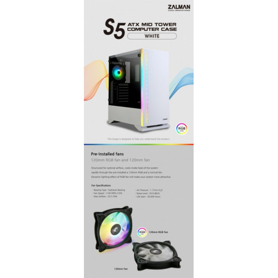 ZALMAN S5 WHITE ATX Mid Tower PC Case RGB fan T