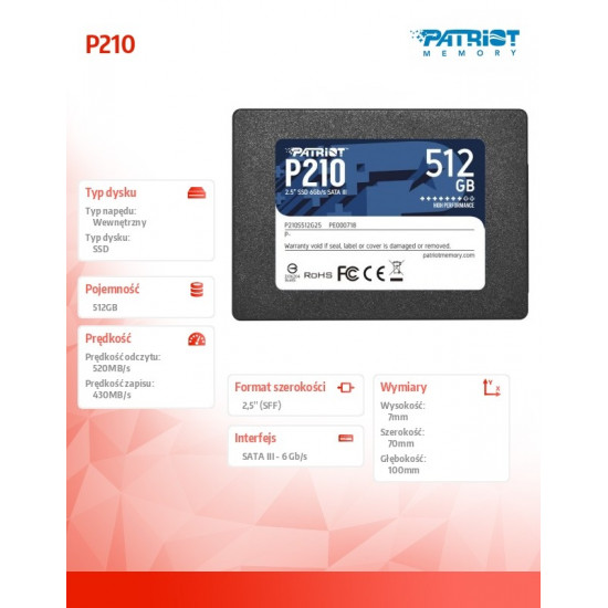 PATRIOT P210 SSD 512GB SATA 3 Internal Solid State Drive 2.5inch