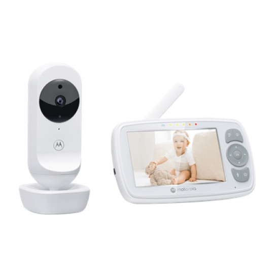 Motorola | Video Baby Monitor | VM34 4.3 | 4.3 diagonal color screen; Lullabies; Two-way talk; Room temperature monitoring; Infrared night vision; LED sound level indicator; 2.4GHz FHSS wireless technology for in-home viewing; Digital zoom; High sensitivity microphone; Rechargeable parent unit;Secure and private connection | White