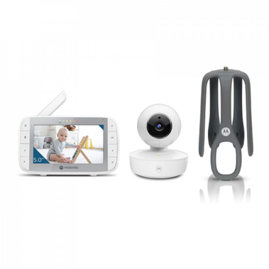 Motorola | Portable Video Baby Monitor with Flexible Crib Mount | VM55 5.0 | 5 LCD colour display with 480 x 272px resolution; 5 preloaded lullabies; Remote pan, tilt and zoom; Two-way talk; Room temperature monitoring; Infrared night vision; LED sound level indicator; 2.4GHz FHSS wireless technology for in-home viewing; High sensitivity microphone; Rechargeable parent unit; Secure and private connection | White