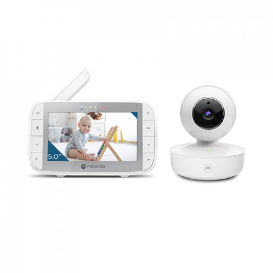 Motorola | Portable Video Baby Monitor with Flexible Crib Mount | VM55 5.0 | 5 LCD colour display with 480 x 272px resolution; 5 preloaded lullabies; Remote pan, tilt and zoom; Two-way talk; Room temperature monitoring; Infrared night vision; LED sound level indicator; 2.4GHz FHSS wireless technology for in-home viewing; High sensitivity microphone; Rechargeable parent unit; Secure and private connection | White