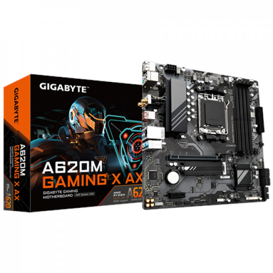 Gigabyte | A620M GAMING X AX 1.0 M/B | Processor family AMD | Processor socket AM5 | DDR5 DIMM | Memory slots 4 | Supported hard disk drive interfaces SATA, M.2 | Number of SATA connectors 4 | Chipset AMD A620 | Micro ATX