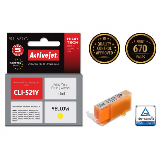 Activejet ACC-521YN Ink cartridge (replacement for Canon CLI-521Y; Supreme; 10 ml; yellow)