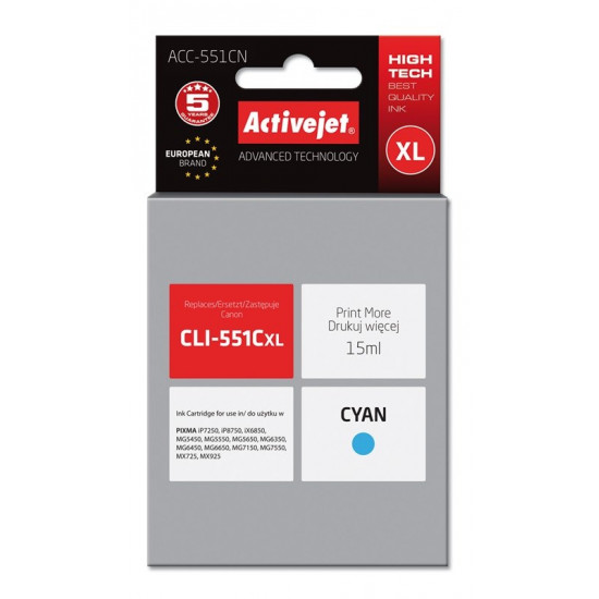 Activejet ACC-551CN Ink cartridge (replacement for Canon CLI-551C; Supreme; 15 ml; cyan)