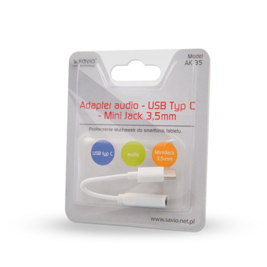 SAVIO USB Type 3.1 C (M) – Jack 3.5mm (F) Audio adapter White AK-35