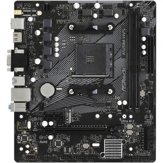 Mainboard|ASROCK|AMD A520|SAM4|MicroATX|1xPCI-Express 3.0 1x|1xPCI-Express 3.0 16x|1xM.2|Memory DDR4|Memory slots 2|1x15pin D-sub|1xHDMI|2xAudio-In|1xAudio-Out|2xUSB 2.0|4xUSB 3.2|1xPS/2|1xRJ45|A520M-HVS