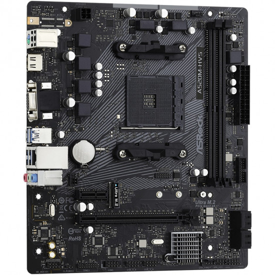 Mainboard|ASROCK|AMD A520|SAM4|MicroATX|1xPCI-Express 3.0 1x|1xPCI-Express 3.0 16x|1xM.2|Memory DDR4|Memory slots 2|1x15pin D-sub|1xHDMI|2xAudio-In|1xAudio-Out|2xUSB 2.0|4xUSB 3.2|1xPS/2|1xRJ45|A520M-HVS