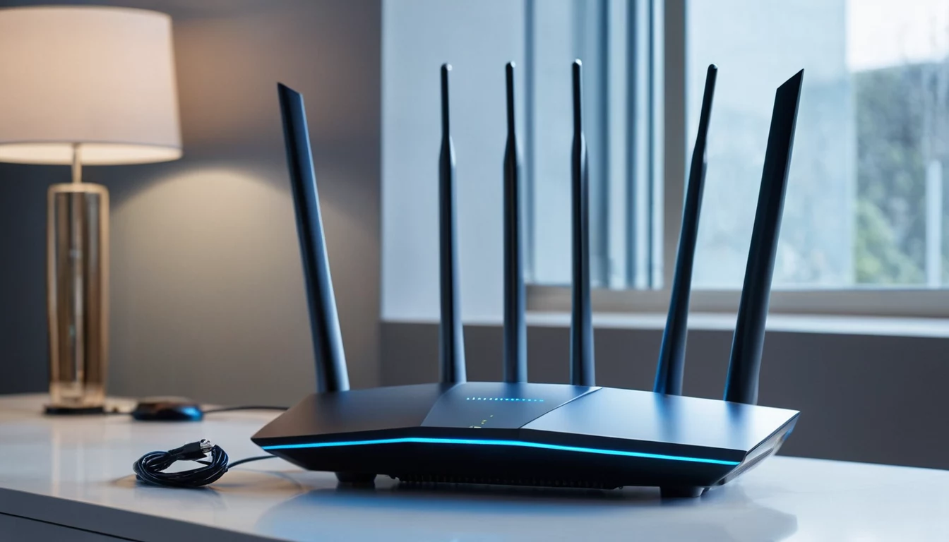 Šiuolaikinis „Wi-Fi 7“ maršrutizatorius ant namų biuro stalo
