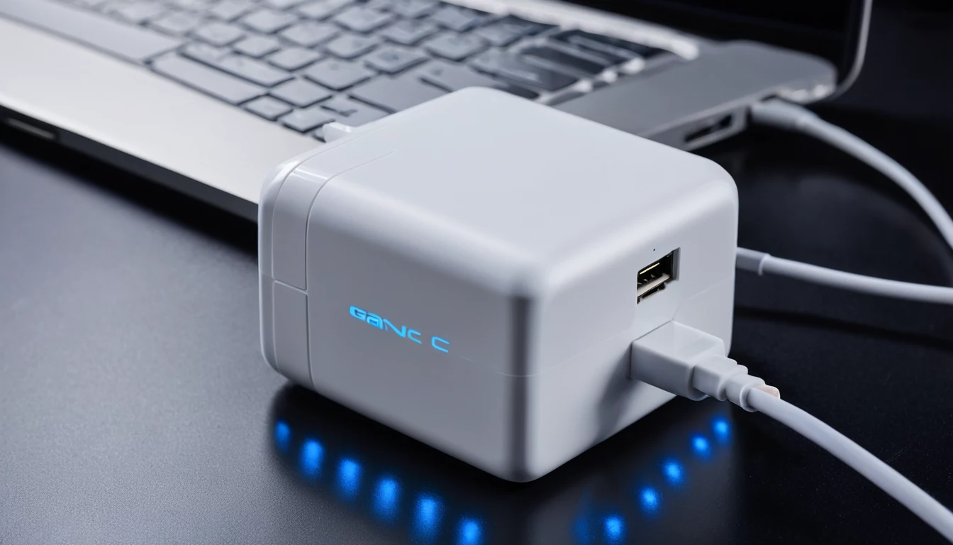 Kompaktiškas GaN USB-C įkroviklis ant stalo